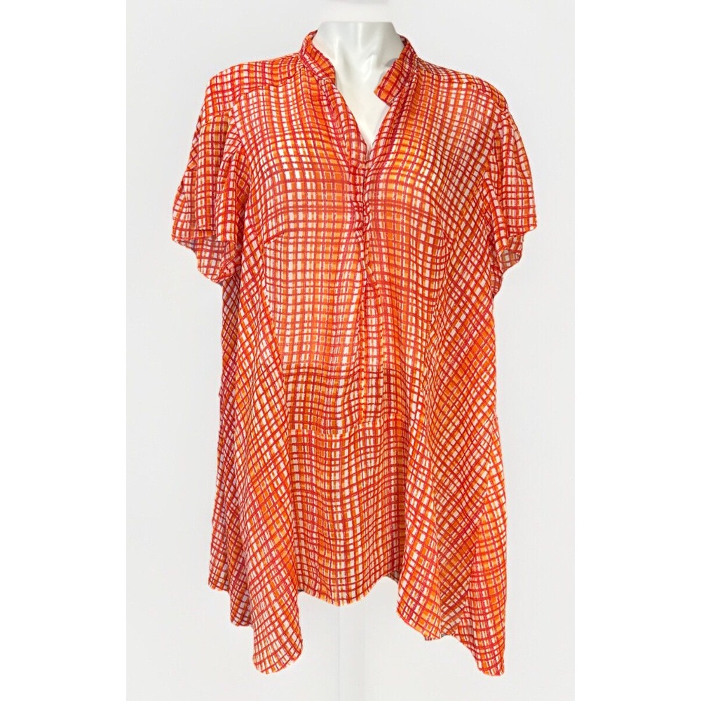 Nine West Woman XL Orange Red Plaid‎ Cross Hatch Semi-Sheer Tunic Short  Sleeve